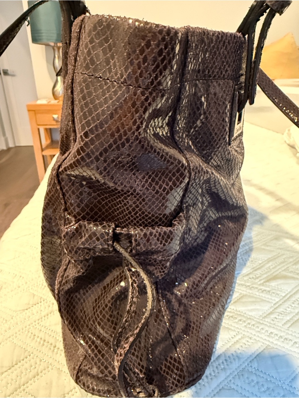 NWOT Calvin Klein Patent Snakeskin Textured Tote in Dark Plum - Picture 4 of 9